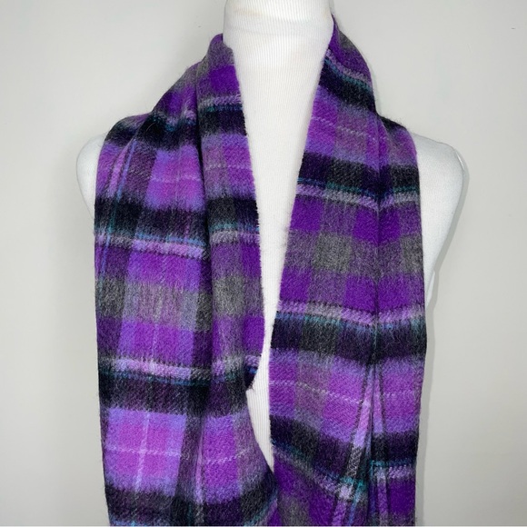 EDINBURGH Lambswool Scarf  Purple Gray Plaid Reversible Fringe NWT - Picture 3 of 8